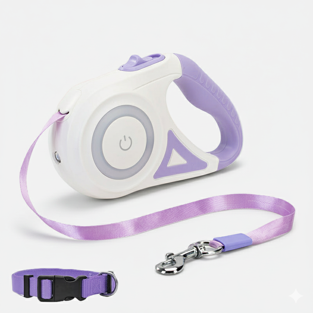 סט רצועה נשלפת בטיחותית הכולל קולר תואם בצבע שחור וסגול לכלבים