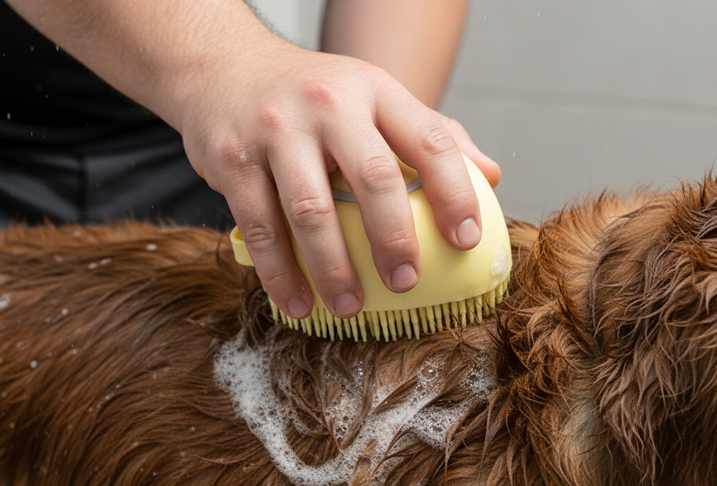 כלב מסוג גולדן רטריבר נהנה מעיסוי ורחצה יסודית בעזרת מברשת הסיליקון הכחולה של PetSpa.