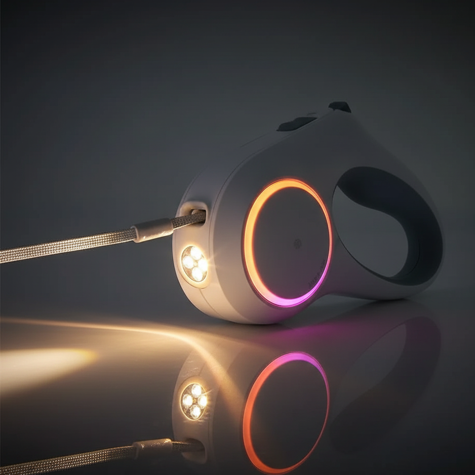 רצועה נשלפת לכלב עם תאורת LED היקפית ופנס קדמי לטיולים בטוחים