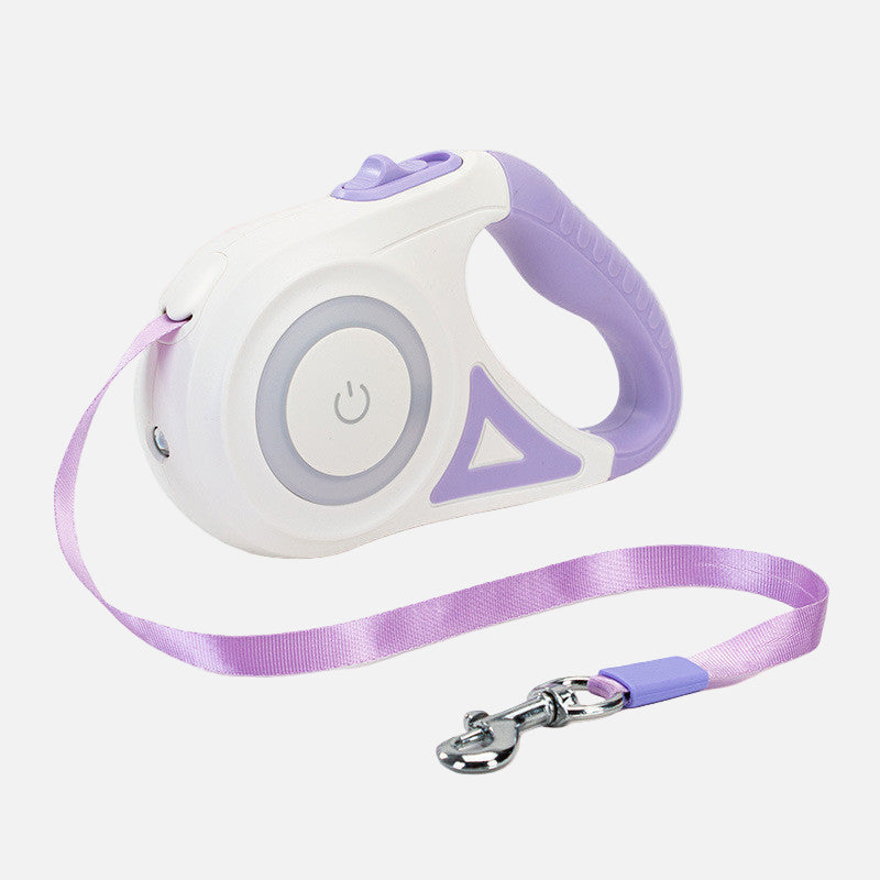 רצועה נשלפת בטיחותית לכלבים בצבע לבן וסגול עם חבל תואם